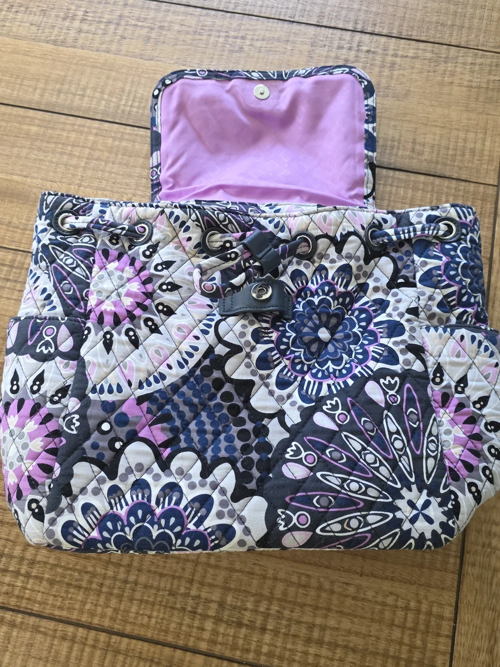 Vera Bradley Quilted Crossbody in Black with Pink & Blue Accents